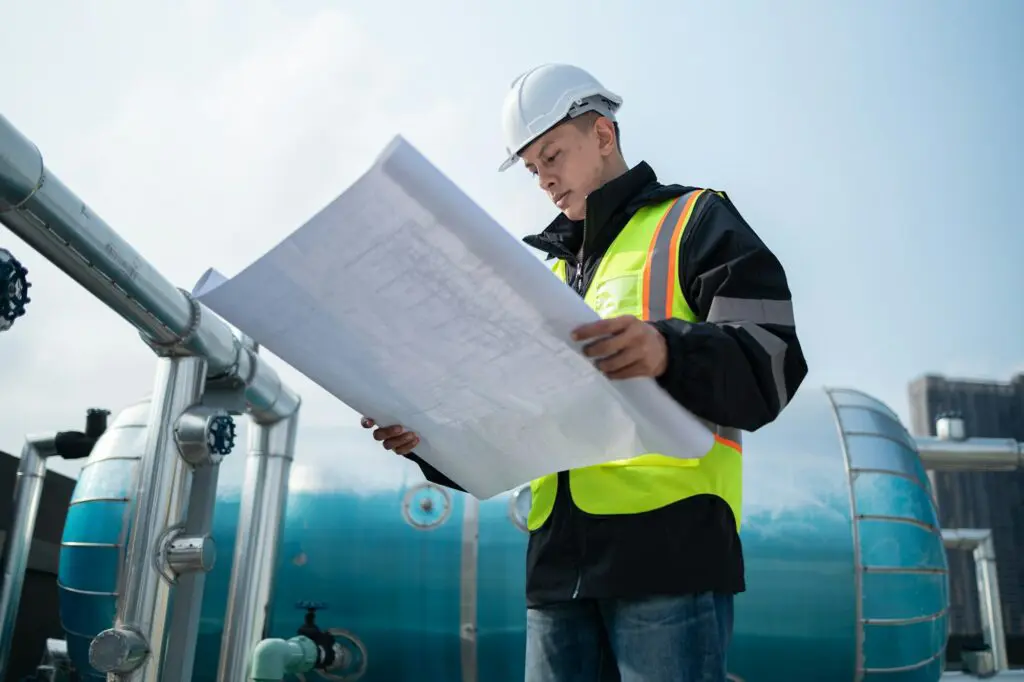 Engineer Analyzing Blueprints at Industrial Pipeline Site