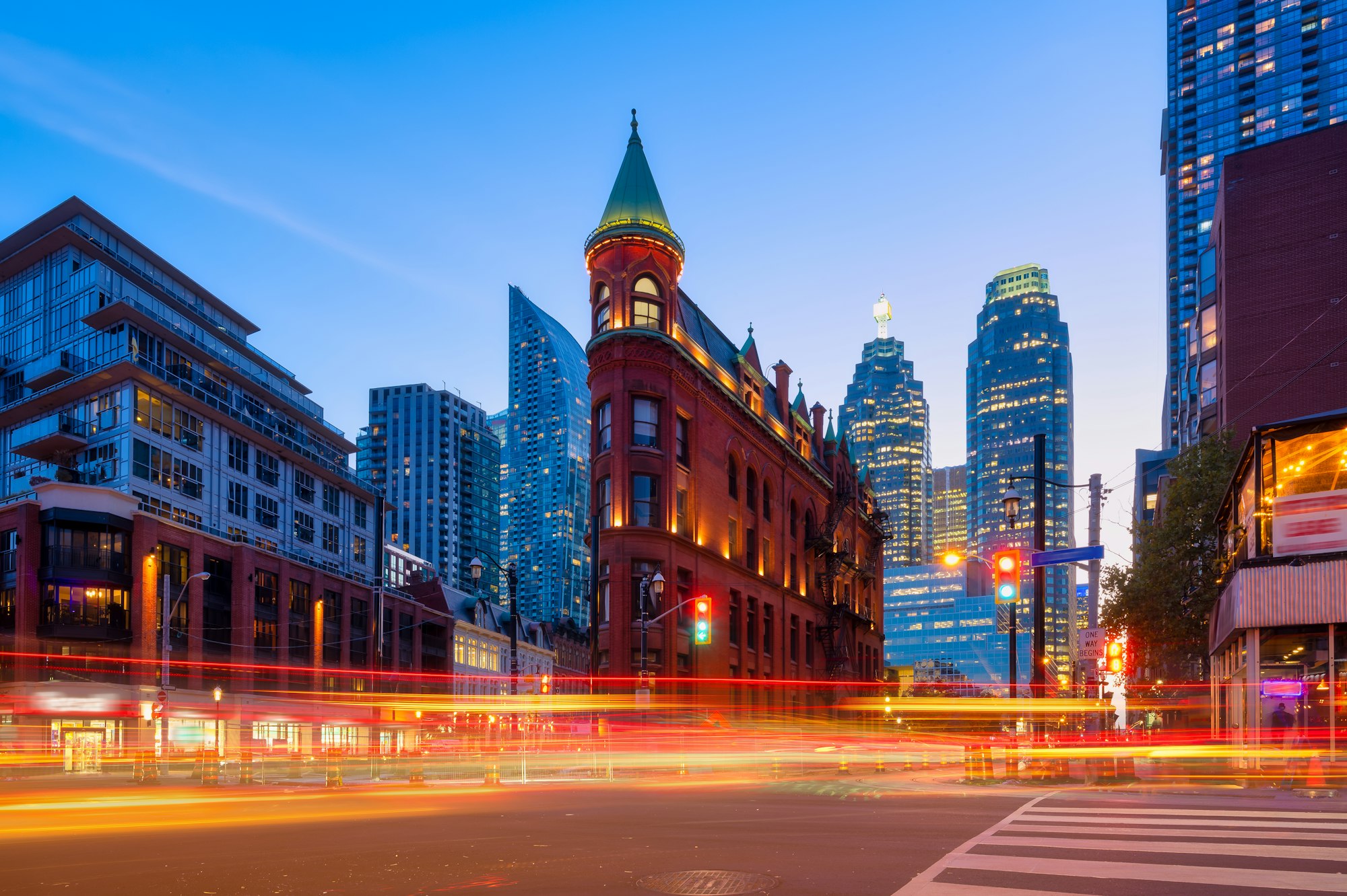 Canada, Toronto. The famous Gooderham building and the skyscrapers in the background.